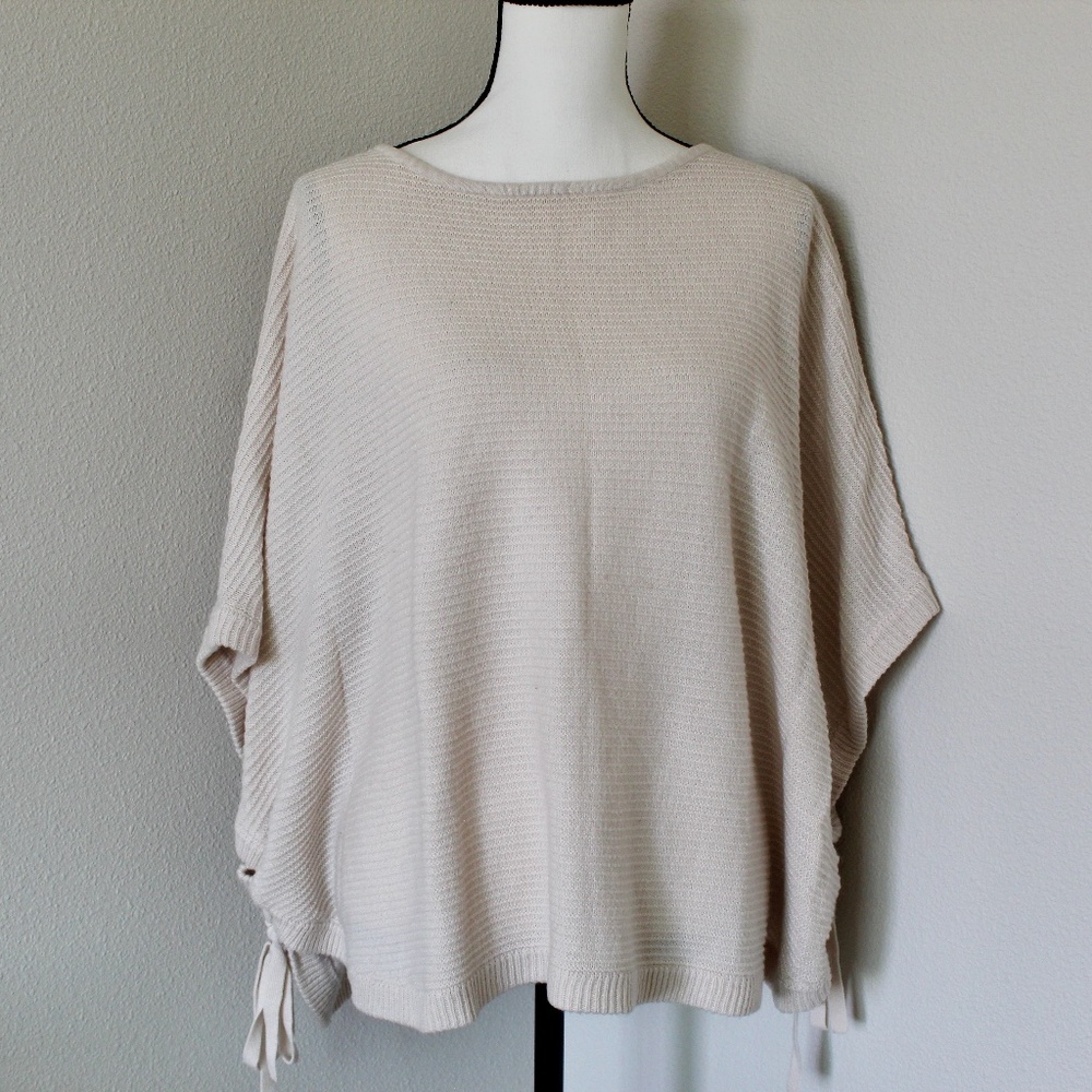 Oversized Cream Short Sleeve Lace Up Side Poncho Sweater